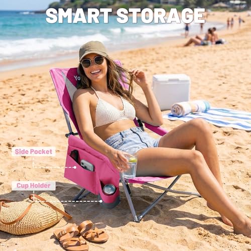 Youtanic Portable Beach Chair 2-Pack, 400 lbs Folding Camping Chair, Lightweight Low Profile Lawn Chair with Wide Seat, Cu...
