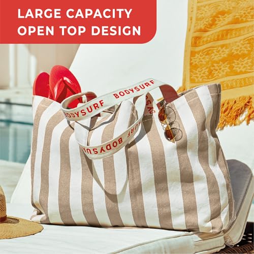 Bodysurf Canvas Tote Bag, Striped Heavy-Duty Beach & Pool Tote for Women with Zippered Pocket, Lightweight Boat Bag Carrya...