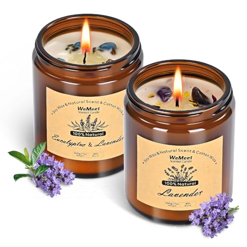 WEMEET 2 Pack Scented Candles Gift Set, Lavender Candles for Home Scented with Crystals 7oz, Eucalyptus Lavenderjar Candle...