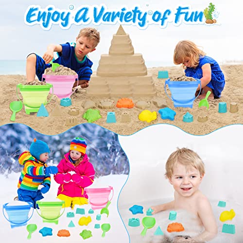 RACPNEL Collapsible Beach Toys for Kids, 3 Pack Foldable Sand Buckets and Shovels Set with Mesh Bag, Silicone Pails for Be...