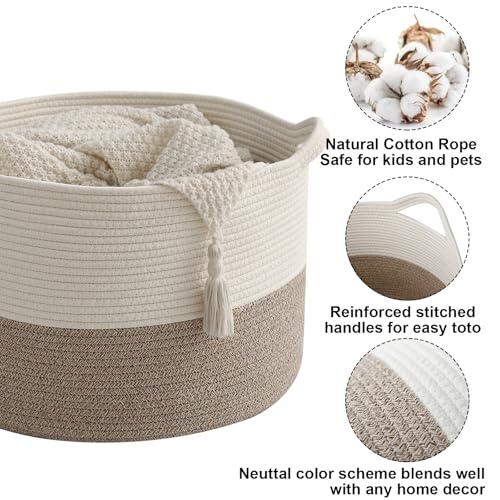 HZFTJOY 65L Large Woven Cotton Rope Blanket Basket with Handles, Laundry Hamper Storage Bin for Pillows, Clothes, Bedroom ...