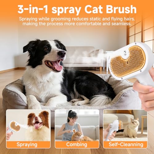 Pet Steam Brush for Dog & Cat – 3-in-1 Spray Hair Removal Comb for Shedding & Grooming, Softens Fur & Reduces Static – Wat...