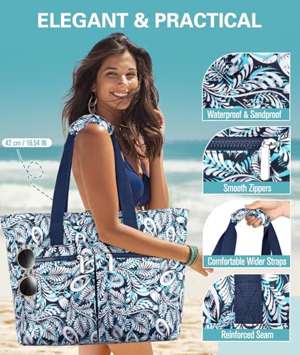 HUANLANG Large Beach Bags for Women Pool Bag with Zipper, Waterproof Sandproof Beach Tote Travel Bag with Wet Pocket | Wat...