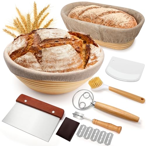 Sourdough Proofing Basket Gift Set, 9" Round and 10" Oval Banneton Bread Baking Supplies, Sourdough Baskets with Bread Lam...