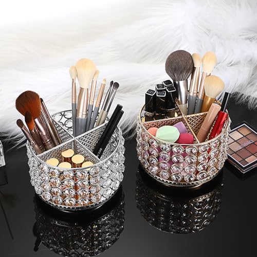 Hipiwe Crystal Vanity Organizer 360 Rotating Makeup Brush Holder Spinning Cosmetic Brushes Display Holder Gold Vanity Stor...