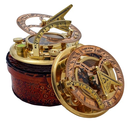 NETAEX Personalized Engraved Antique Brass & Copper Sundial Compass, Sundial Clock in Leather Box Gift Sun Clock Ship Repl...