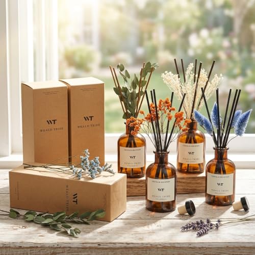 WEALD TRIBE Flower Reed Diffuser Set Eucalyptus & Lavender Scent For Bathroom Accessories Shelf Decor & Air Fresheners, St...