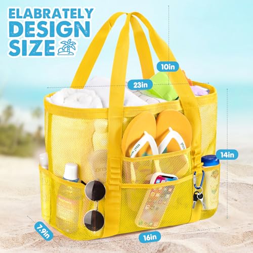KPX Mesh Beach Bag, Large Beach Tote Bags for Women Foldable Mesh Swimming Pool Bag with Mini Pockets - Sandproof, Waterproof