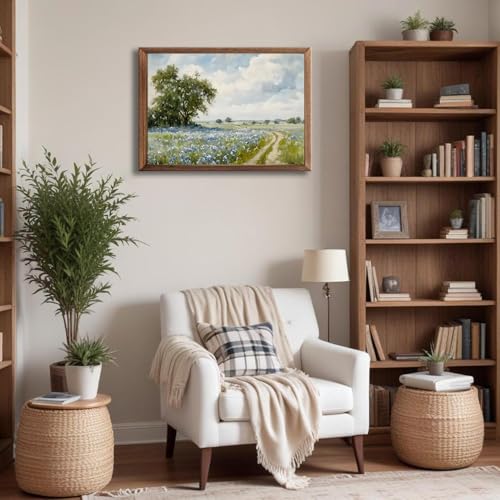 Nature Vintage Preppy Blue Wildflower Pathway Wall Art Prints Landscape Oil Painting Style Gift Posters Canvas Field Tree ...