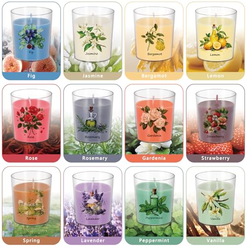 Aromatherapy Candles Set - 24 Pack Scented Candles with 12 Natural Fragrances, Votive Candles in Clear Plastic Jars for Ho...