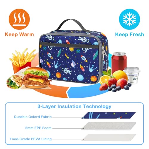 FlowFly Kids Lunch box Insulated Soft Bag Mini Cooler Back to School Thermal Meal Tote Kit for Girls, Boys, Astronaut