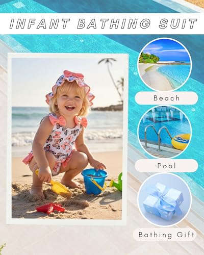 SODLON Baby Girl Swimsuit Infant One-Piece Bathing Suit Cute Summer Beach Tankini Bikini Ruffle Bow Toddler Swimwear with Hat