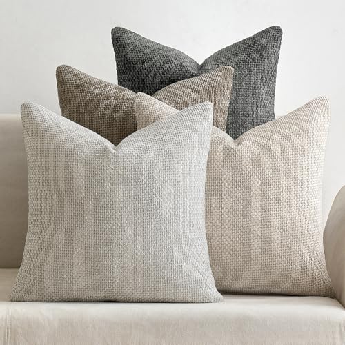 MIULEE Pack of 4 Couch Throw Pillow Covers 18x18 Inch Neutral Soft Decorative Chenille Pillow Covers Farmhouse Boho Cushio...
