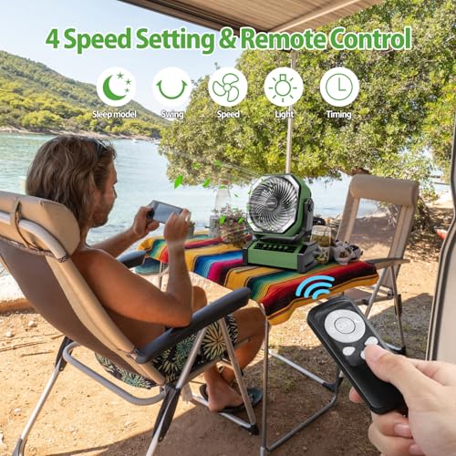 AddAcc 20000mAh Rechargeable Camping Fan - Battery Operated Fan with Light & Remote, Auto Oscillating, 4 Timer, 60 Hrs Wor...