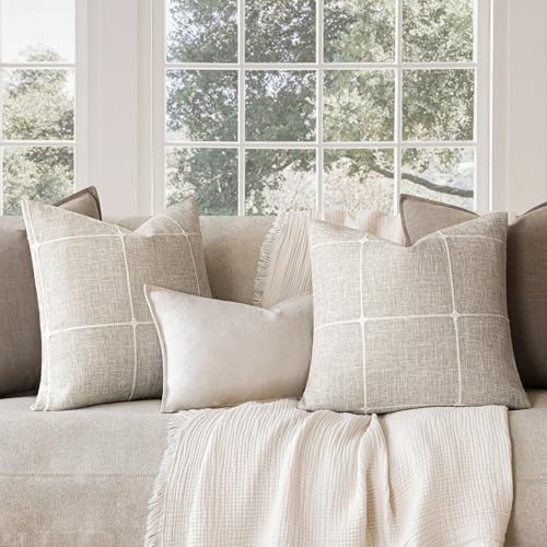 Foindtower Pack of 2 Decorative Faux Linen Jacquard Check Throw Pillow Covers Farmhouse Cushion Cover with Grid Textured A...