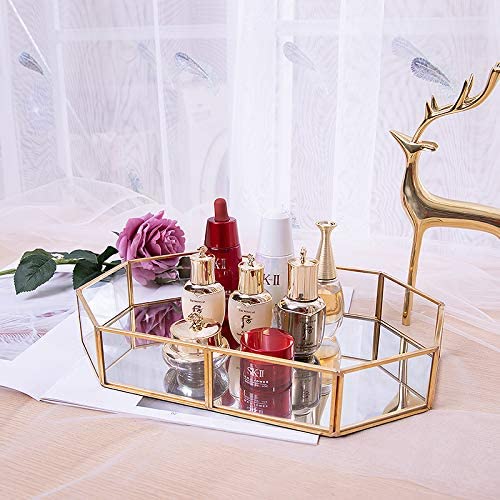 Decorative Metal Mirror Catchall Tray, Glass Vanity Tray, Dresser Tray, Jewelry Display Tray, Vanity Organizer for Accent ...