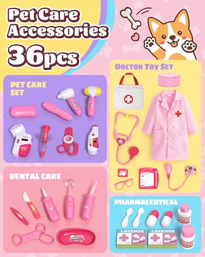 Pet Vet Kit for Kids with 2 Plush Pets (Dog & Cat) & Doctor Costume - 36Pcs Interactive Veterinarian Playset for Toddlers ...