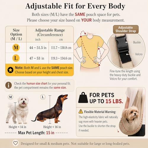 PAWPUBBY Dog Sling Carrier for Small Dogs & Cats up to 15 lbs, Hands-Free Pet Carrier Bag, Plus Size L Fits 47-53 in Bust,...