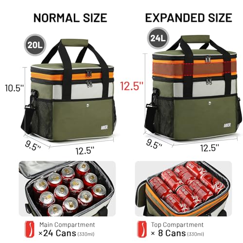 MIER Expandable 24L Lunch Bag Double Layer Insulated Cooler Tote Soft Cooler Bags 30Can Mens Adults Lagre Leakproof Lunch ...