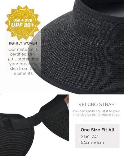 FURTALK Sun Hats for Women Wide Brim Beach Hat Straw Visor Ponytail Summer UV Packable Foldable Beach Vacation Essentials