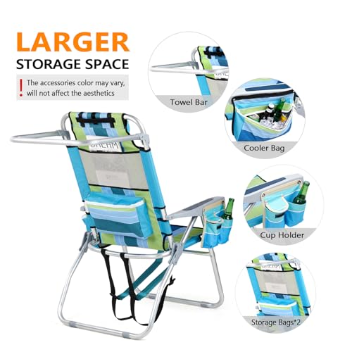 VINGLI Tall Beach Chair 2 Pack Lightweight, Backpack Beach Chair for Adults with 5-Position, Cooler Bag, Cup Holders, Towe...