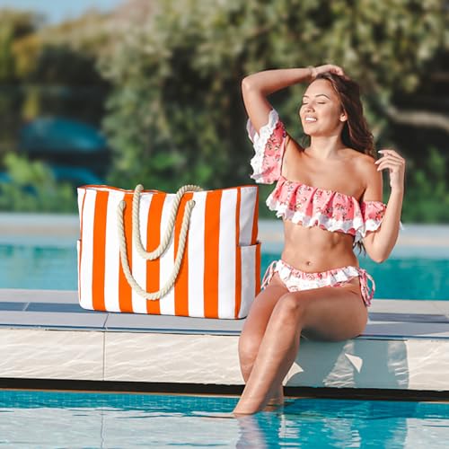 Becokan Women's Pool Swim Bag - Waterproof Sandproof Large Stripe Beach Tote with Zipper