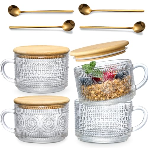 4pcs Set Vintage Coffee Mugs gifts for women, Overnight Oats Containers with Bamboo Lids and Spoons - 14oz Clear Embossed ...