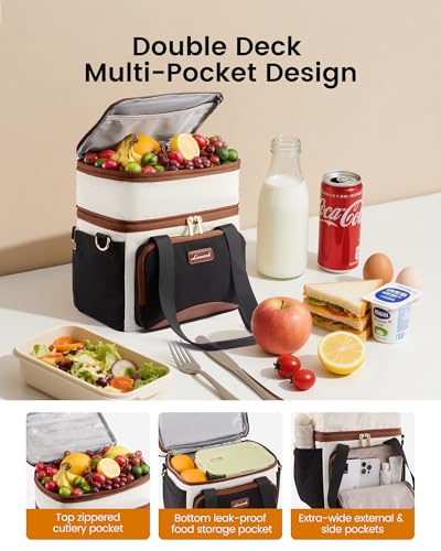 LOVEVOOK Insulated Lunch Bag For Women Men,Expandable Double Deck Lunch Box With Large Cup Holder,Leakproof Cooler Bag For...