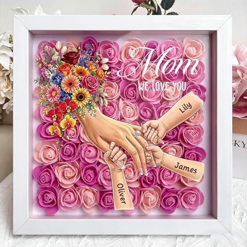 Personalized Mommy Holding Hands Shadow Box with Ring & Manicure – Custom Kids Names Floral Heart Frame, Premium (Holding ...