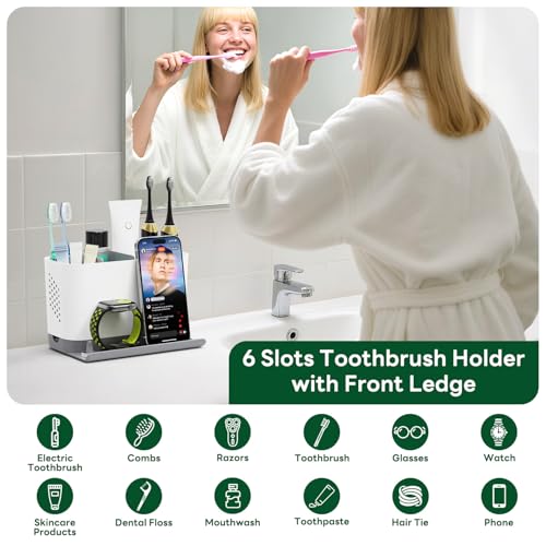 Toothbrush Holders for Bathrooms, Adjustable 6 Slots Electric Toothbrush and Toothpaste Holder, Cord-Friendly Detachable B...