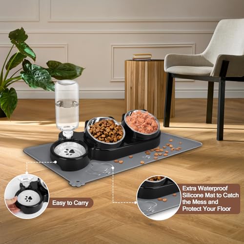 YECERCAN Cat Food and Water Bowl Set, Stainless Steel Raised Cat Bowls with Automatic Water Bottle & Waterproof Mat for Ca...