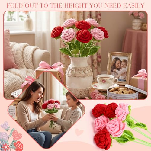 Rivvlive 12 Sets Mother Gift Crochet Flowers Bouquet Handmade Knitted Roses Red and Pink Artificial Rose with Greeting Car...