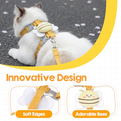 Cat Collar and Leash Set, Yellow Bee Pattern,Escape Proof Adjustable Kitten Harness, Soft Breathable Mesh for Small Cats, ...