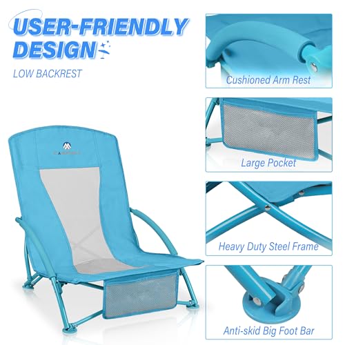 Low Beach Chairs 2 Pack,Folding Compact Low Seat Chairs for Adults w/Mesh Back& Storage Bag,Heavy Duty Chair for Outdoor S...