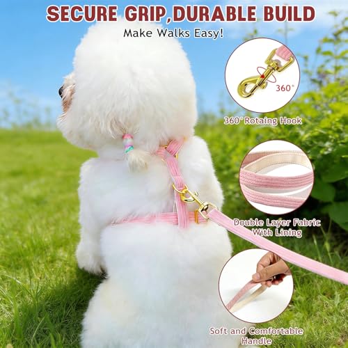 Cute Small Dog Harness Collar and Leash Set with Detachable Bowtie, Adjustable Dog Harness Collar and Leash Set with Secur...