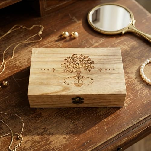 Trinket Box with Lock- Hand-Engraved Tree of Life Keepsake Box, 7.8" Vintage Wood Storage Box Jewelry Box for Crystals, Je...