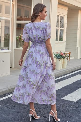 Women's Floral Maxi Dress Flowy V Neck Empire Waist Summer Wedding Guest Party Casual Chiffon Dress