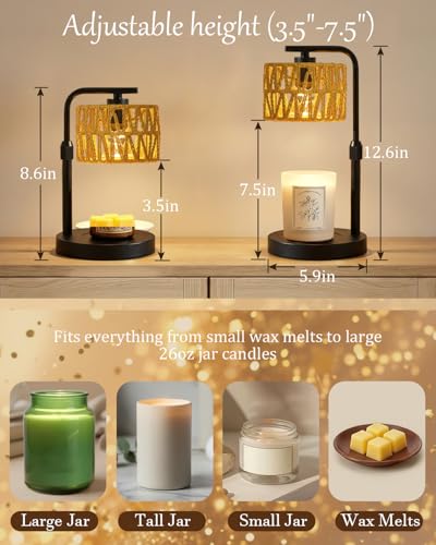 Candle Warmer Lamp, Timer Dimmable Candle Lamp, Adjustable Height and Brightness Candle Warmer, Boho Rattan Lampshade and ...