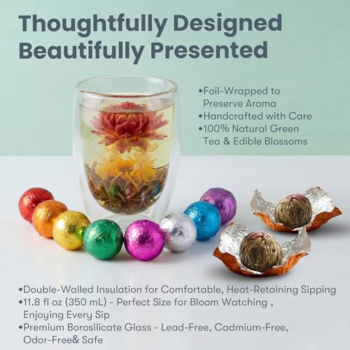 Blooming Tea Gift Set with Double-Walled Glass Teacup, 8 Handcrafted Flowering Tea Balls, Artisan Green Tea and Flower Var...