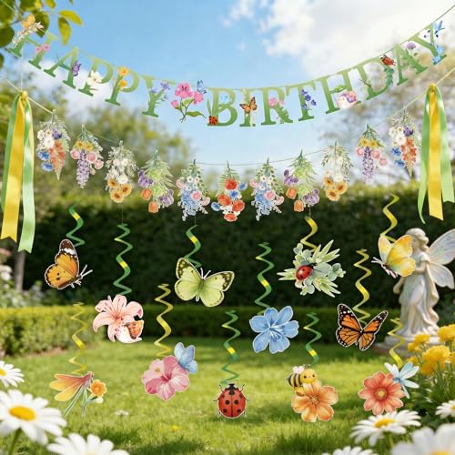 Spring Flower Birthday Decorations, Wildflower Party Decorations include Happy Birthday Banner and Flower Themed Hanging S...