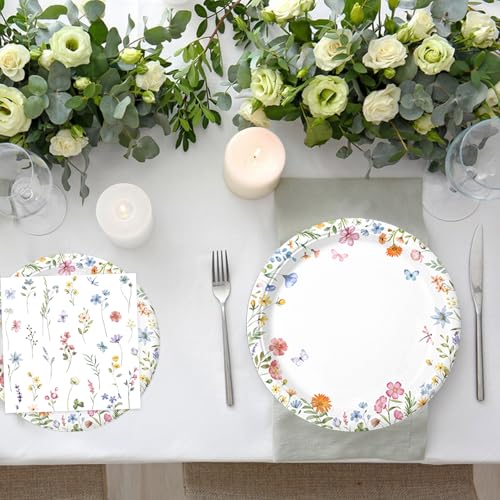 LINHAXM 175 PCS Spring Wildflower Party Decorations include Plates, Cups, Napkins, Cutlery, Cake Toppers, Banner, Tableclo...