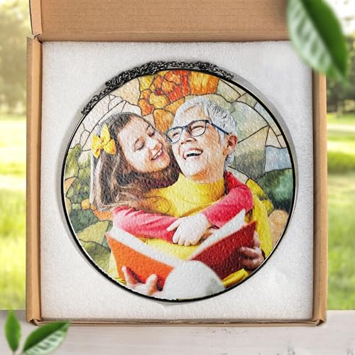 LOVELYPOD Personalized Grandma Stained Glass Sun Catcher, Photo Family Portrait Faux Window Hanging Ornament, Custom Photo...