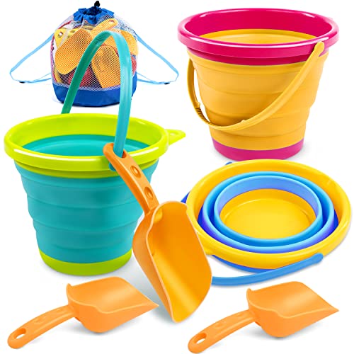 JOYIN 3 Packs Foldable Pail Bucket with Shovels & Mesh Bag, Collapsible Buckets Multi Purpose for Beach, Camping Gear, Bea...