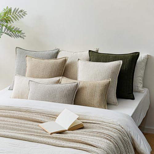 a moment Linen Pillow Covers Set of 2,Boho Farmhouse Throw Pillowcases Neutral Textured Decorative Covers for Couch Sofa B...