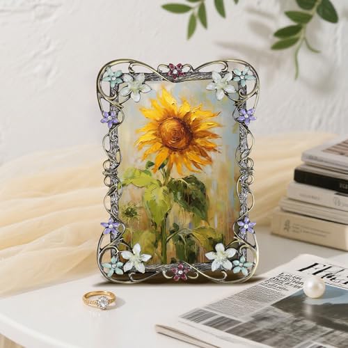 Essovee Vintage Photo Frame 4x6, Metal photo frame with European Floral Ornate Enamel Flower & Bronze Metal Design with HD...