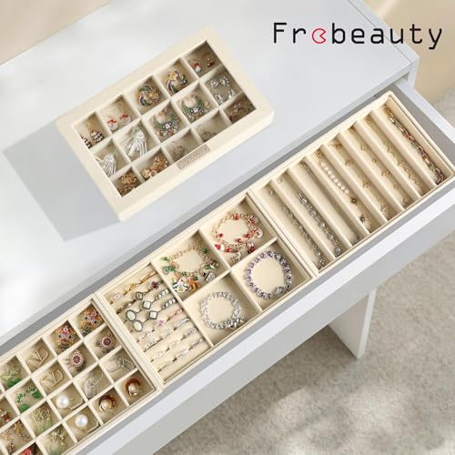 Frebeauty Stackable Jewelry Trays, Velvet Drawer Jewelry Organizer with Glass Lid,5 in 1 Multi-Functional Jewelry Storage ...
