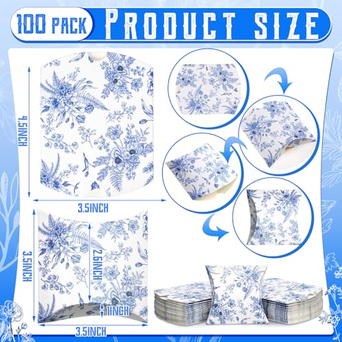 Moinchore 100 Pcs Blue Floral Pillow Boxes Kraft Paper Pillow Gift Boxes Candy Wedding Party Favors Blue Floral Candy Deco...