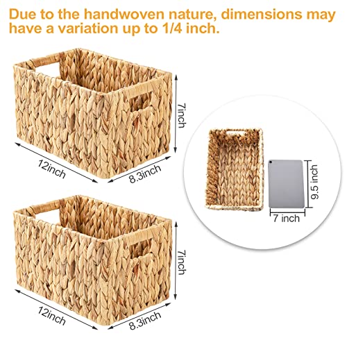ELONG HOME Water Hyacinth Rectangular Wicker Baskets, 12" Wicker Basket 2 Pack, Woven Storage Baskets with Handles