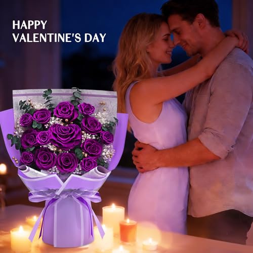 Forever Rose Flowers for Delivery Mothers Day Gifts, 14-Piece Purple Preserved Roses Flowers Bouquet with Vase Gift Box, L...