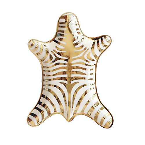 NUYKOUY Zebra Stripe Jewelry Tray Ceramic Dishes Plate Gilded 5.9", Gold